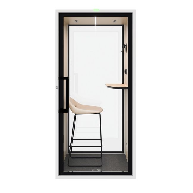 Soundbox ART POD S Telefonbox | Schallschutz Klasse A | Für 1 Person | Tisch & Barhocker | Belüftung, Beleuchtung & Stromversorgung | Für Großraumbüros