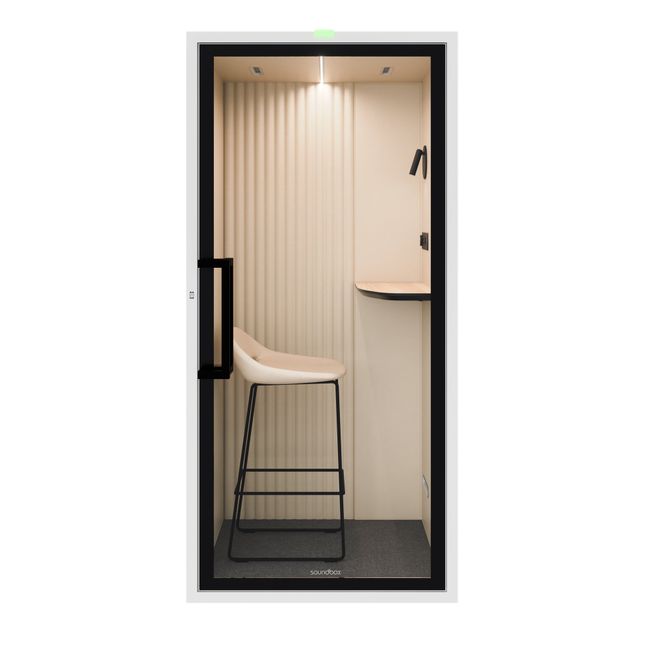 Soundbox ART POD S Telefonbox | Schallschutz Klasse A | Für 1 Person | Tisch & Barhocker | Belüftung, Beleuchtung & Stromversorgung | Für Großraumbüros