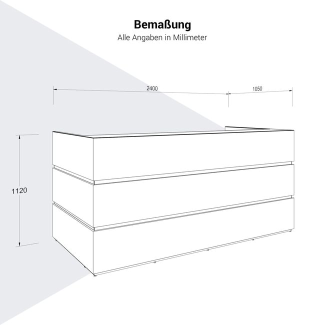 PERLA Empfangstheke | 2400 x 1120 mm, integrierte Kabeldurchlässe, optional LED-Beleuchtung