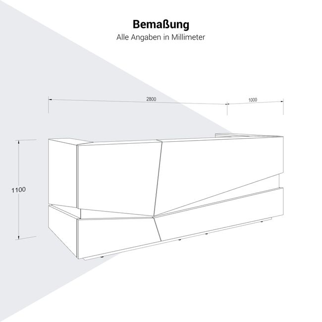 PHANTOM Empfangstheke | 2800 x 1100 mm, integrierte Kabeldurchlässe, einzigartiges Frontdesign, optional LED-Beleuchtung