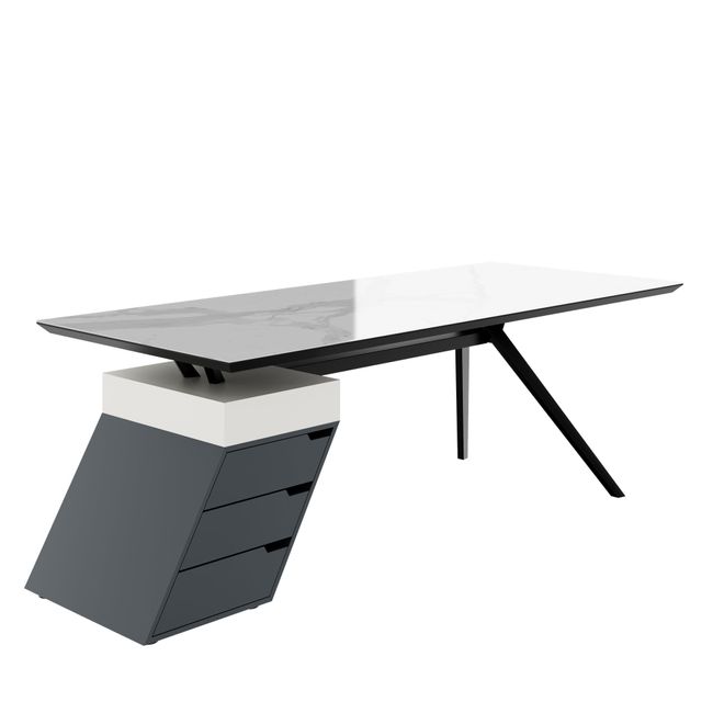 VYND Chefschreibtisch | 2400 x 800 mm, Tischplatte aus Sinterquarz, Container mit Schubladen