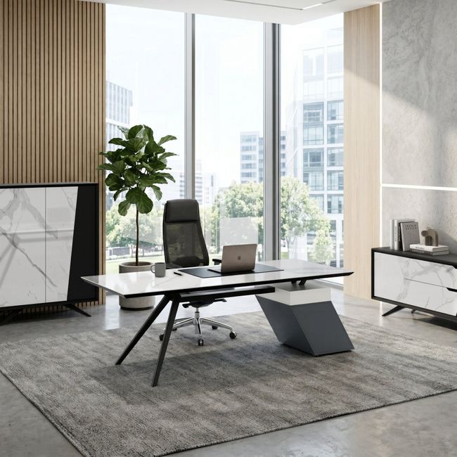 VYND Chefschreibtisch | 2400 x 800 mm, Tischplatte aus Sinterquarz, Container mit Schubladen