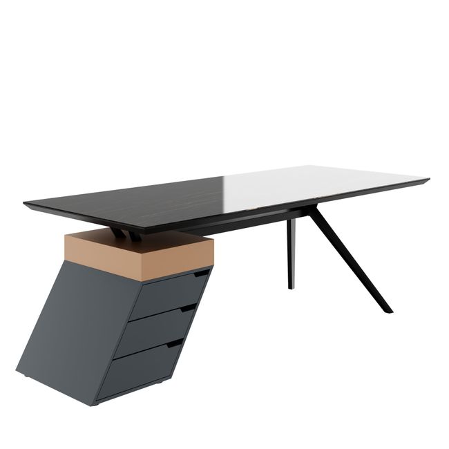 VYND Chefschreibtisch | 2400 x 800 mm, Tischplatte aus Sinterquarz, Container mit Schubladen