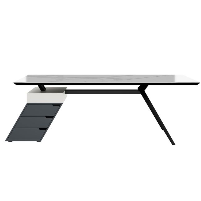 VYND Chefschreibtisch | 2400 x 800 mm, Tischplatte aus Sinterquarz, Container mit Schubladen