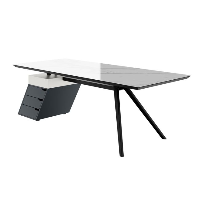 VYND Chefschreibtisch | 2400 x 800 mm, Tischplatte aus Sinterquarz, Container mit Schubladen