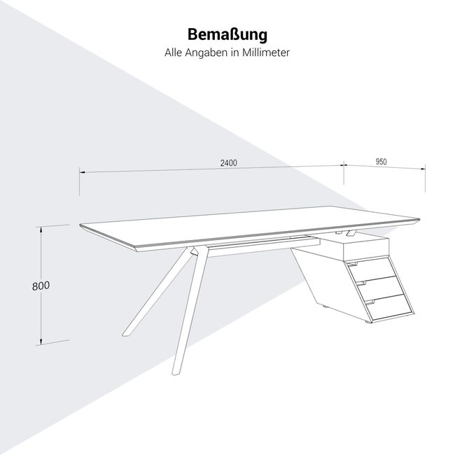 VYND Chefschreibtisch | 2400 x 800 mm, Tischplatte aus Sinterquarz, Container mit Schubladen