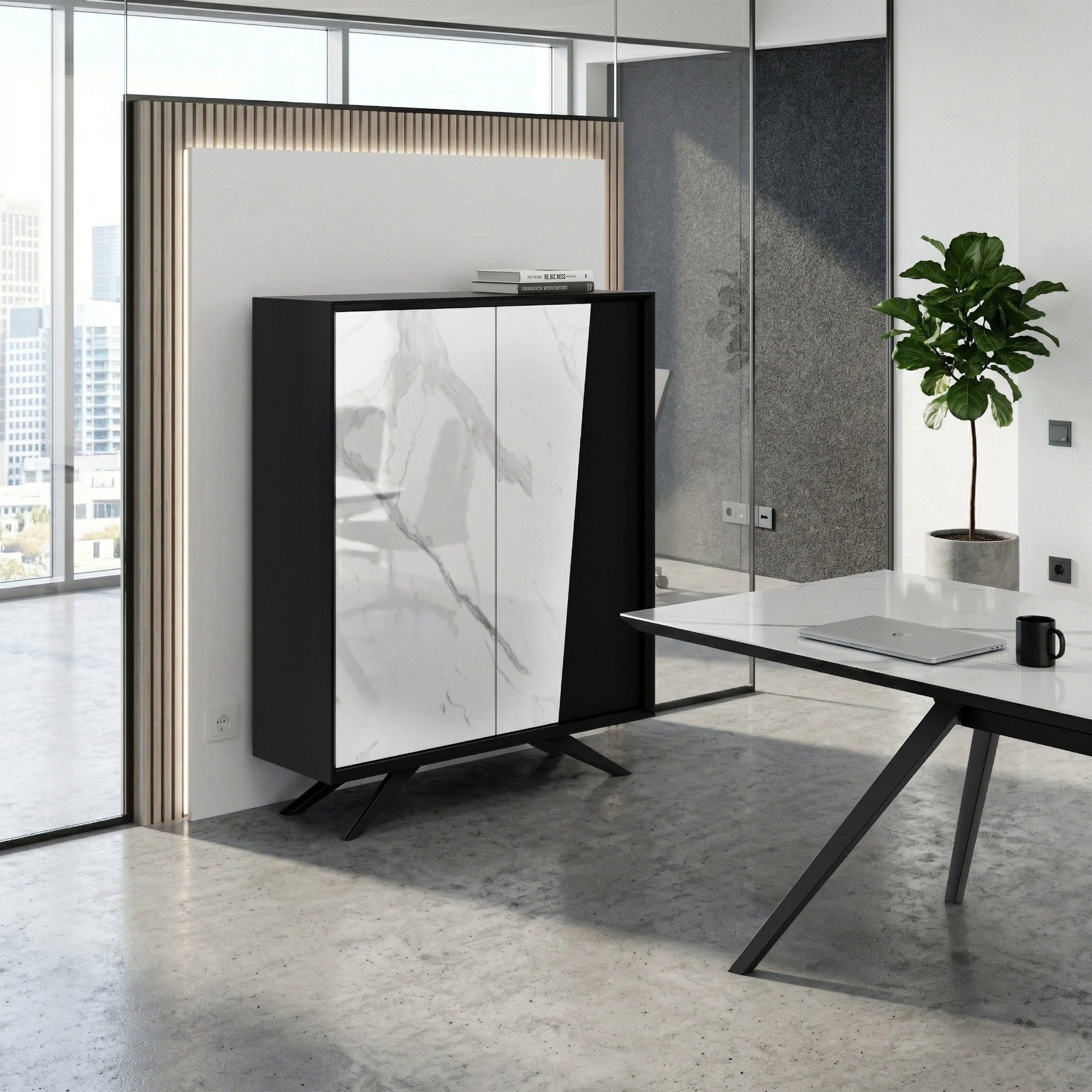 VYND Highboard | 1200 x 1470 mm, Quarzfront, Metallbeine, Türen mit Push-to-Open - 2 Main Image