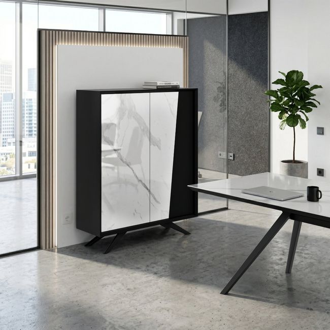 VYND Highboard | 1200 x 1470 mm, Quarzfront, Metallbeine, Türen mit Push-to-Open