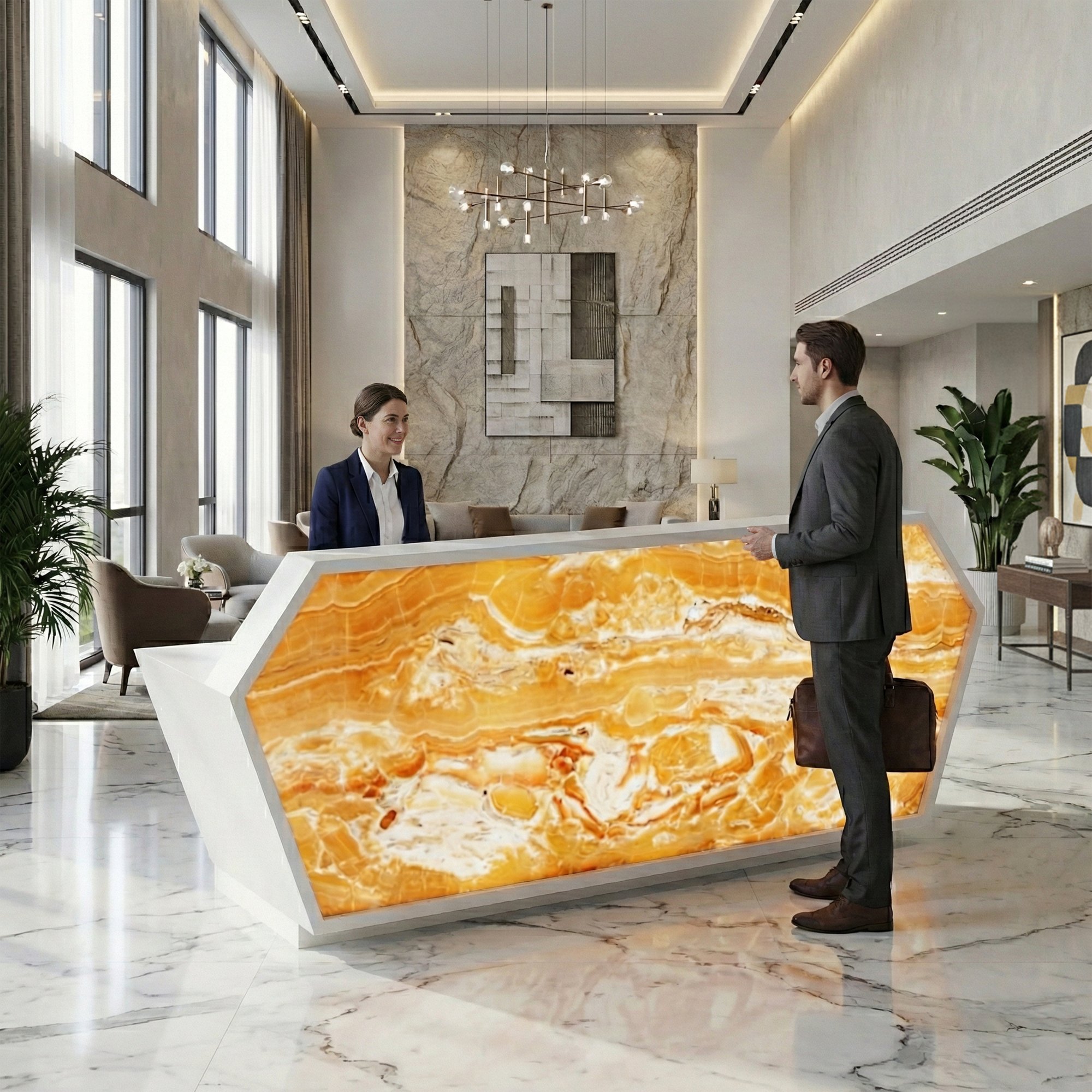 SHINE Empfangstheke | 2680 x 1100 mm, integrierter Kabeldurchlass, Front mit Grafikdruck und LED-Beleuchtung - 2 Main Image