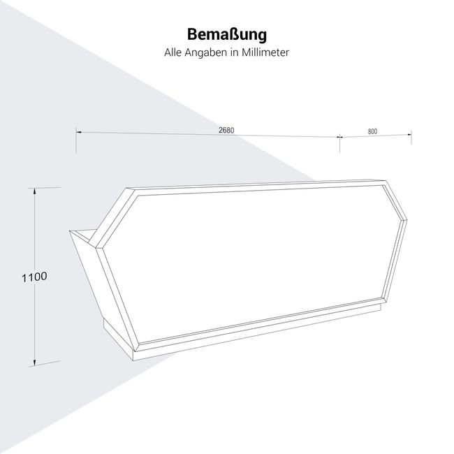 SHINE Empfangstheke | 2680 x 1100 mm, integrierter Kabeldurchlass, Front mit Grafikdruck und LED-Beleuchtung