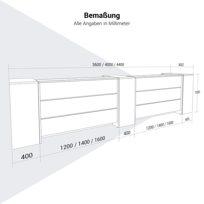 NOVUM Empfangstheke | 3600 - 4400 mm, Multicolor-LED-Beleuchtung, Weiß