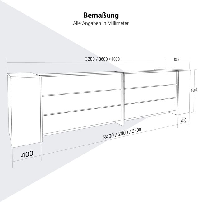 NOVUM Empfangstheke | 3200 - 4000 mm, Multicolor-LED-Beleuchtung, Weiß