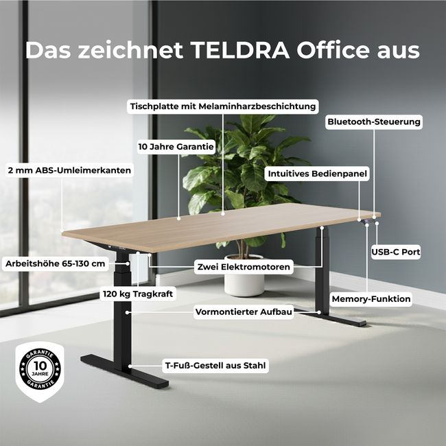 TELDRA Office, 2-Motoren-Schreibtisch | 1600 - 1800 mm, elektrisch höhenverstellbar, Wildeiche
