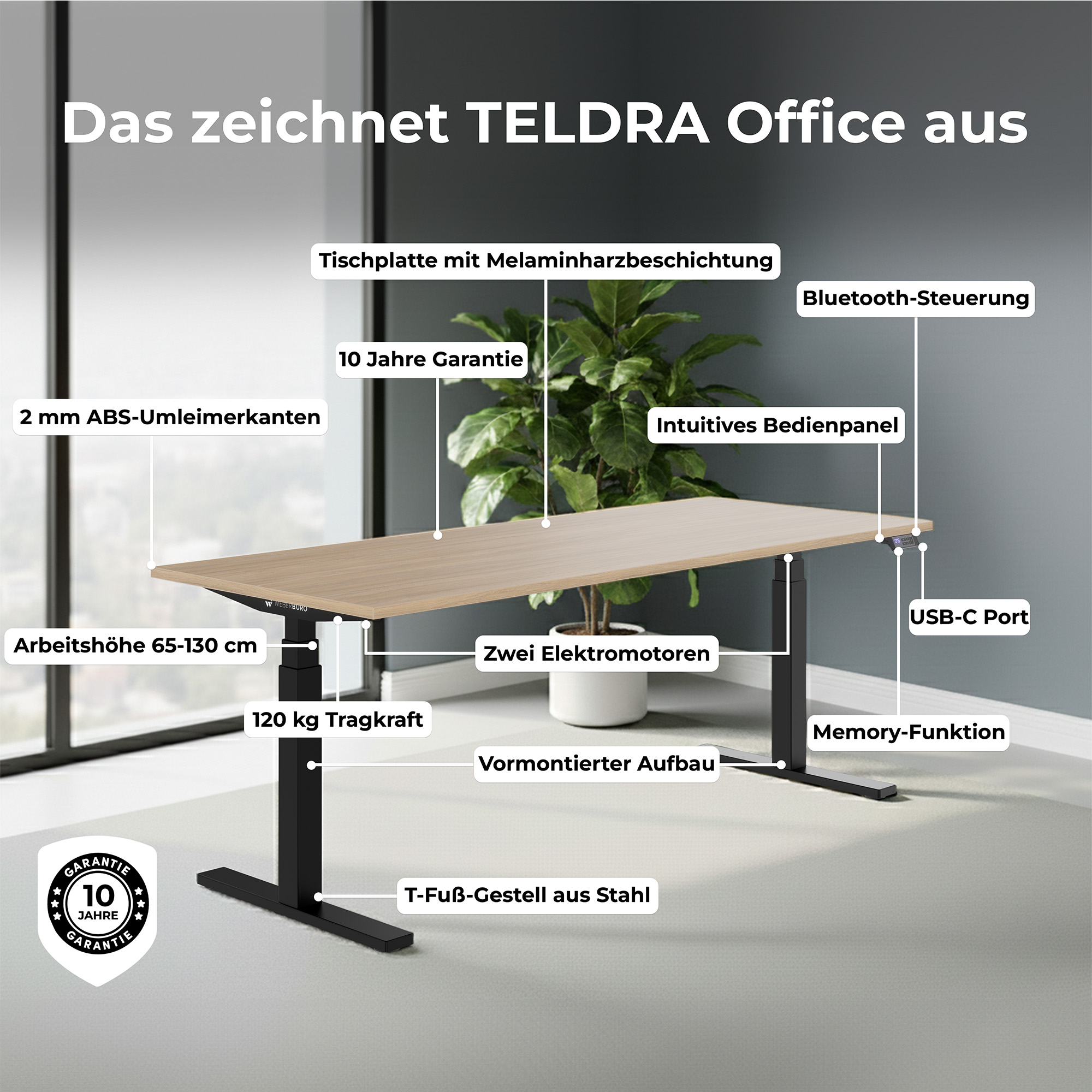TELDRA Office, 2-Motoren-Schreibtisch | 1200 - 1800 mm, elektrisch höhenverstellbar, Sandgrau - 15 Main Image