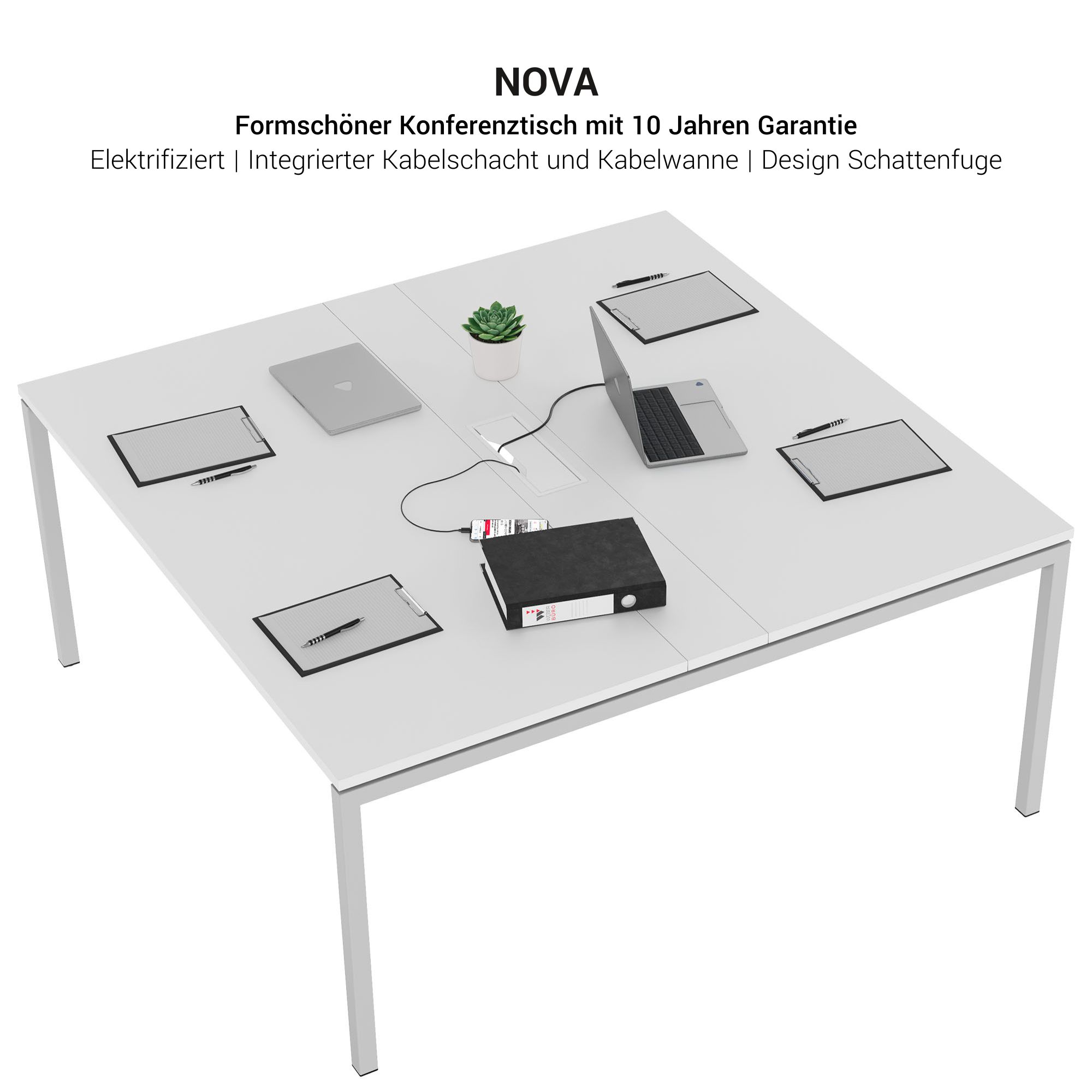 NOVA Konferenztisch | 1600 x 1640 mm (6 - 8 Personen), elektrifiziert, Weiß - 5 Main Image