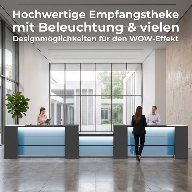 NOVUM Empfangstheke | Ecktheke, Multicolor-LED-Beleuchtung, Anthrazit