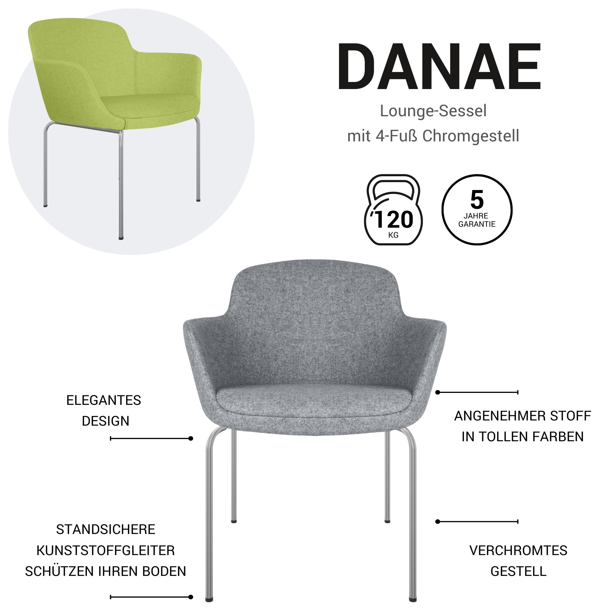 DANAE Fauteuil salon | Cadre de 4 pieds, tissus de référence Lucia / Velito / Synergy - 10 Main Image