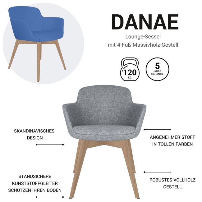 DANAE Lounge-Sessel | Esche-Echtholz-Gestell, Bezugsstoffe LUCIA / VELITO / SYNERGY