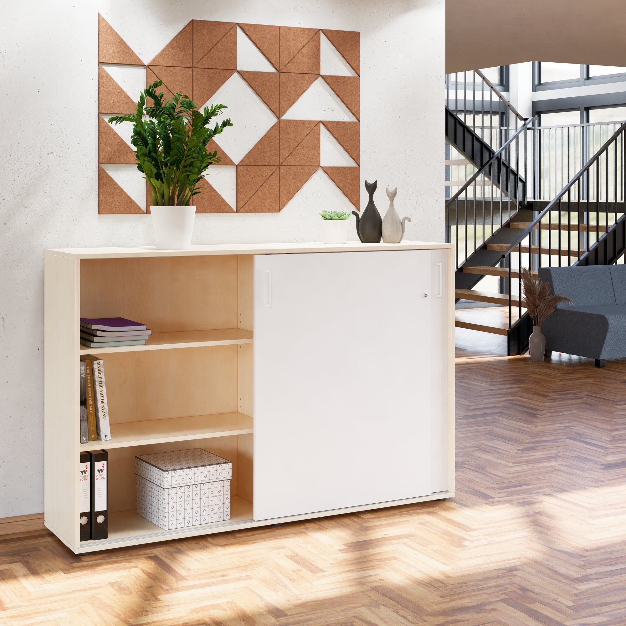 NOVA Armoire de porte coulissante | 3 oh, 1640 x 1085 mm, érable / blanc - 1 Main Image