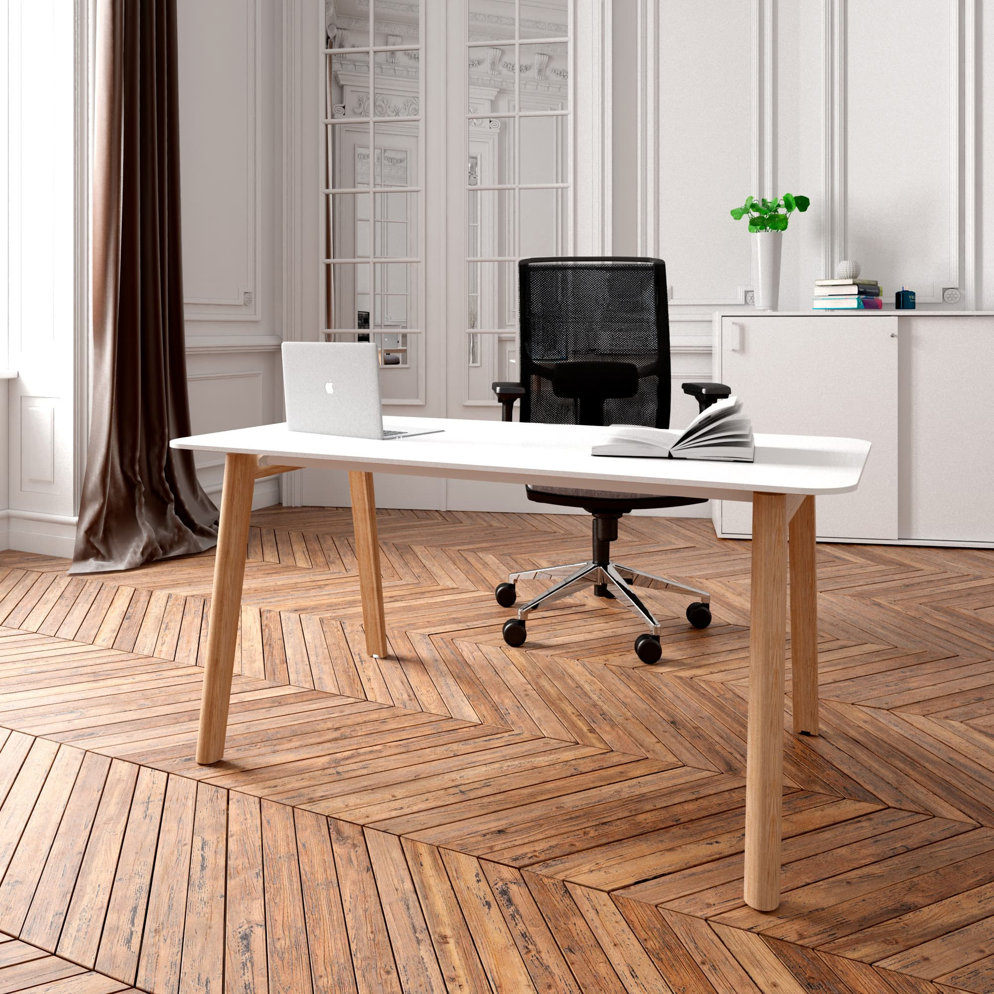 NOVA WOOD Schreibtisch | 1400 - 1800 mm, Massivholz-Gestell, HPL/HPL FENIX - 3 Main Image