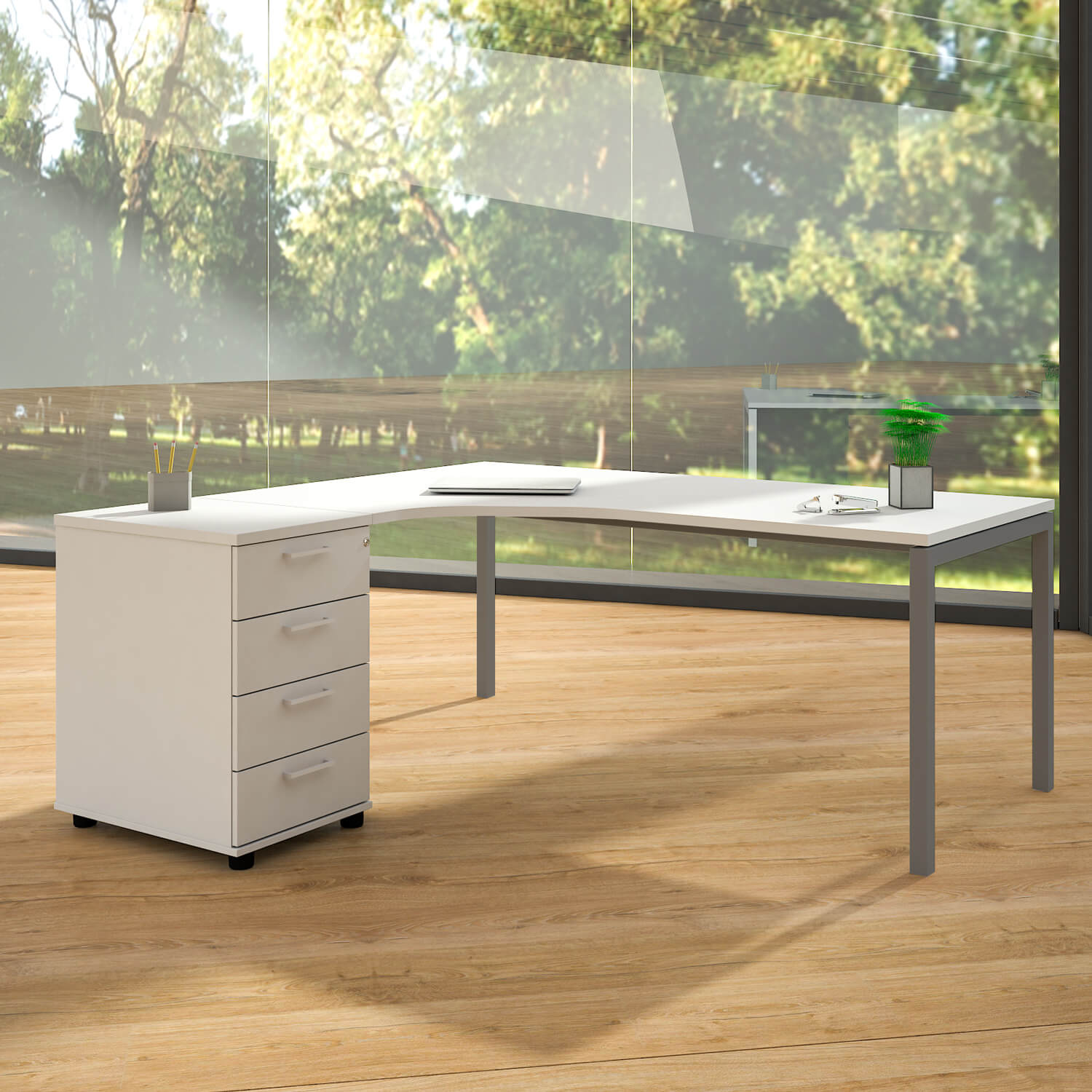 NOVA Winkelkombination | Mit Standcontainer, Winkel links, 1800 x 1630 mm, Weiß - 1 Main Image