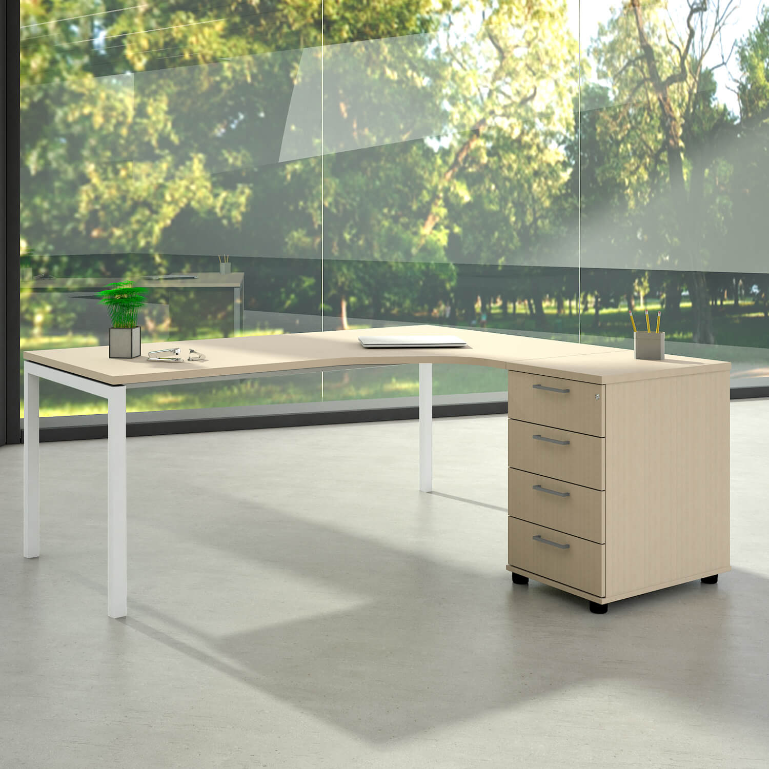NOVA Winkelkombination | Mit Standcontainer, Winkel rechts, 1800 x 1630 mm, Ahorn - 1 Main Image