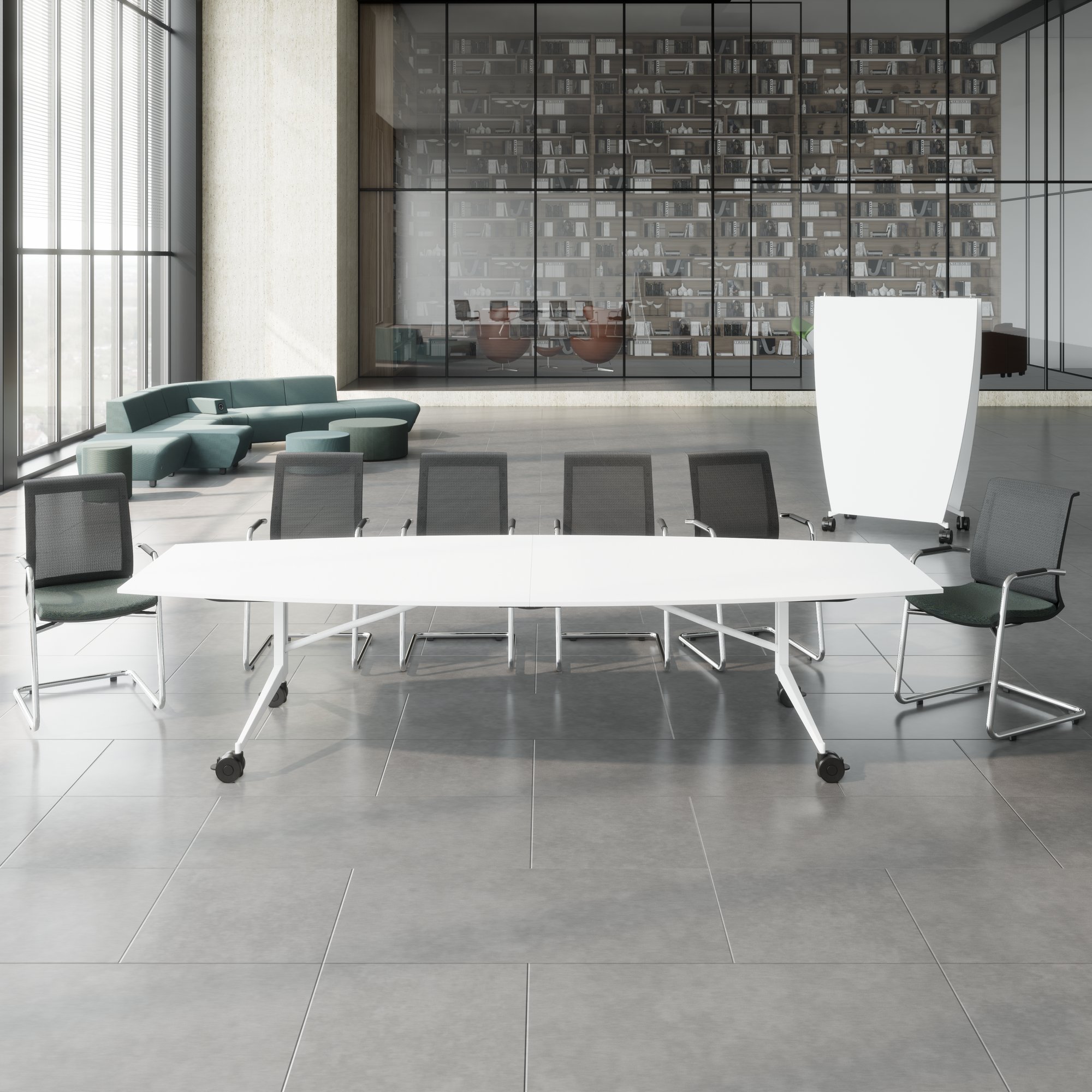 MARA - TIMMY LIBRO Table de conférence | forme bateau, 3200 x 1200 mm (10 - 14 personnes), roulante, pliable,  blanc - 3 Main Image