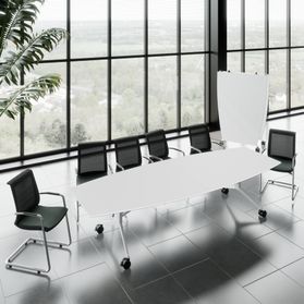 MARA - TIMMY LIBRO Konferenztisch | Bootsform, 3200 x 1200 mm (10 - 14 Personen), rollbar, faltbar,  Weiß