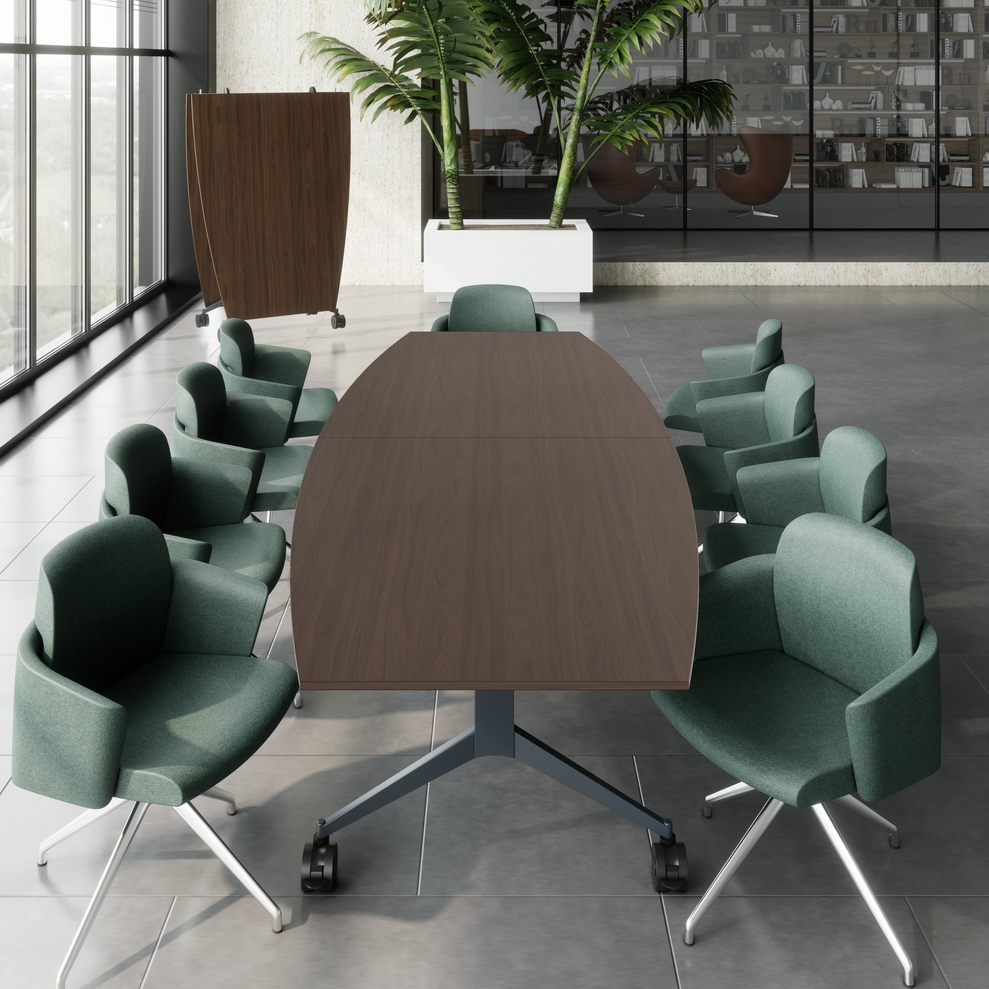 MARA - TIMMY LIBRO Table de conférence | forme bateau, 3200 x 1200 mm (10 à 14 personnes), roulante, pliable,  noyer - 4 Main Image
