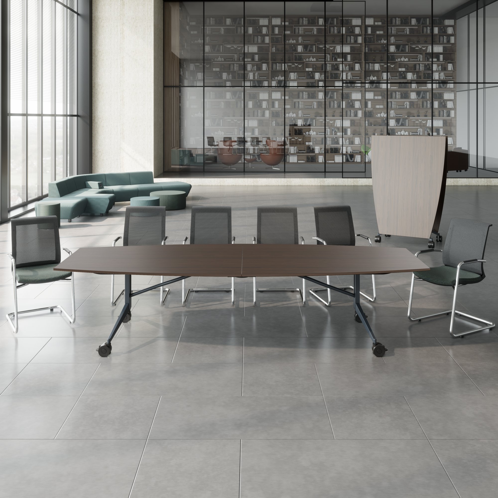 MARA - TIMMY LIBRO Table de conférence | forme bateau, 3200 x 1200 mm (10 à 14 personnes), roulante, pliable,  noyer - 3 Main Image