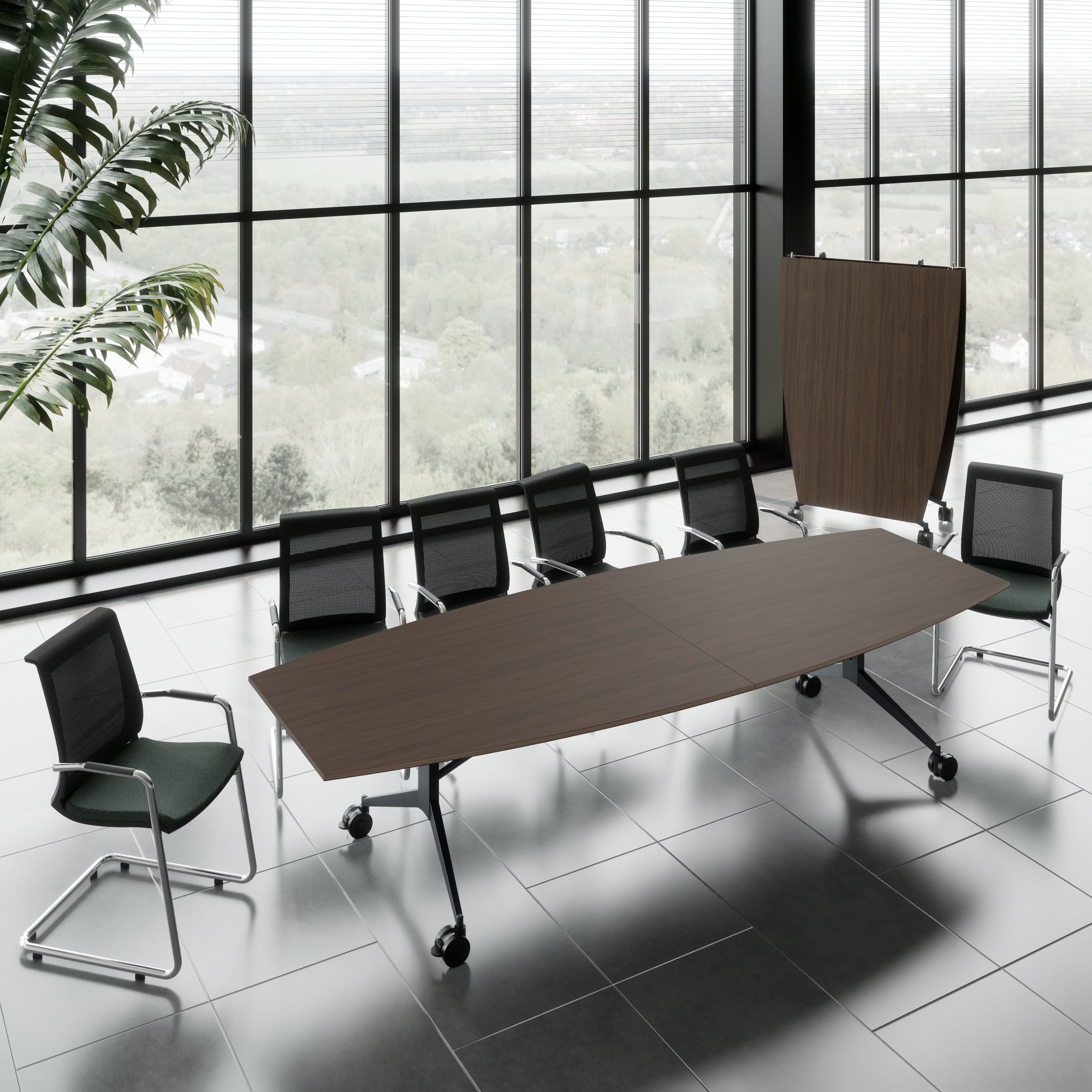 MARA - TIMMY LIBRO Table de conférence | forme bateau, 3200 x 1200 mm (10 à 14 personnes), roulante, pliable,  noyer - 1 Main Image