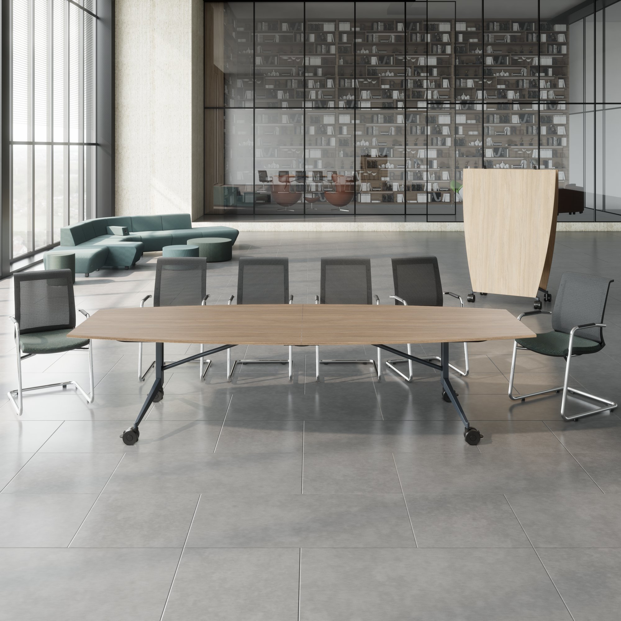 MARA - TIMMY LIBRO Table de conférence | forme bateau, 3200 x 1200 mm (10 à 14 personnes), roulante, pliable, chêne ambré - 3 Main Image