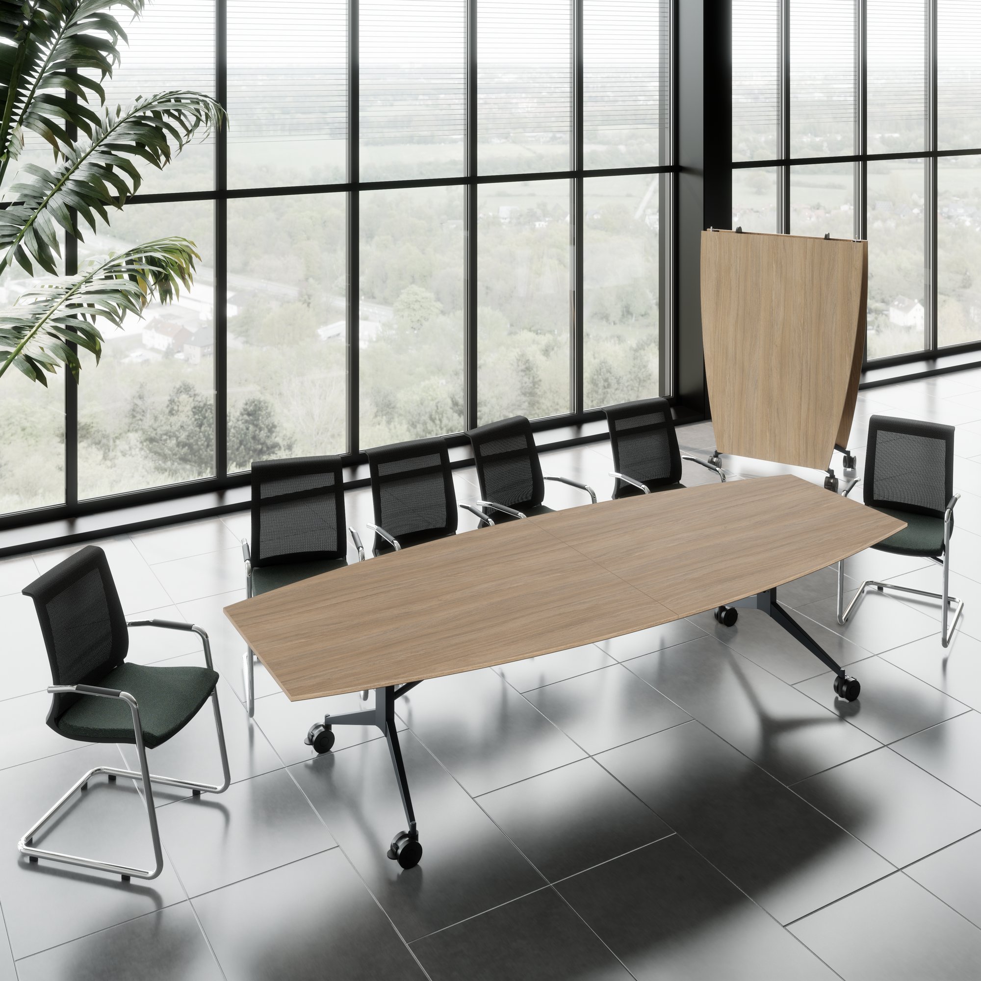 MARA - TIMMY LIBRO Table de conférence | forme bateau, 3200 x 1200 mm (10 à 14 personnes), roulante, pliable, chêne ambré - 1 Main Image