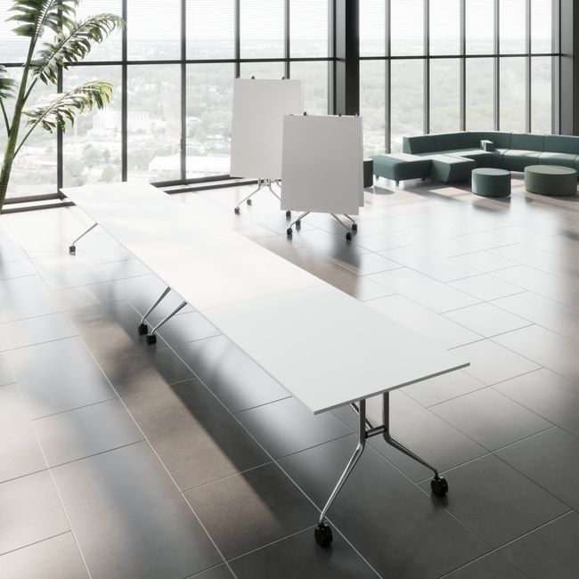 MARA - ARGO LIBRO Klapptisch | 2400 - 2800 x 1000 mm (8 - 10 Personen), rollbar, faltbar, Weiß