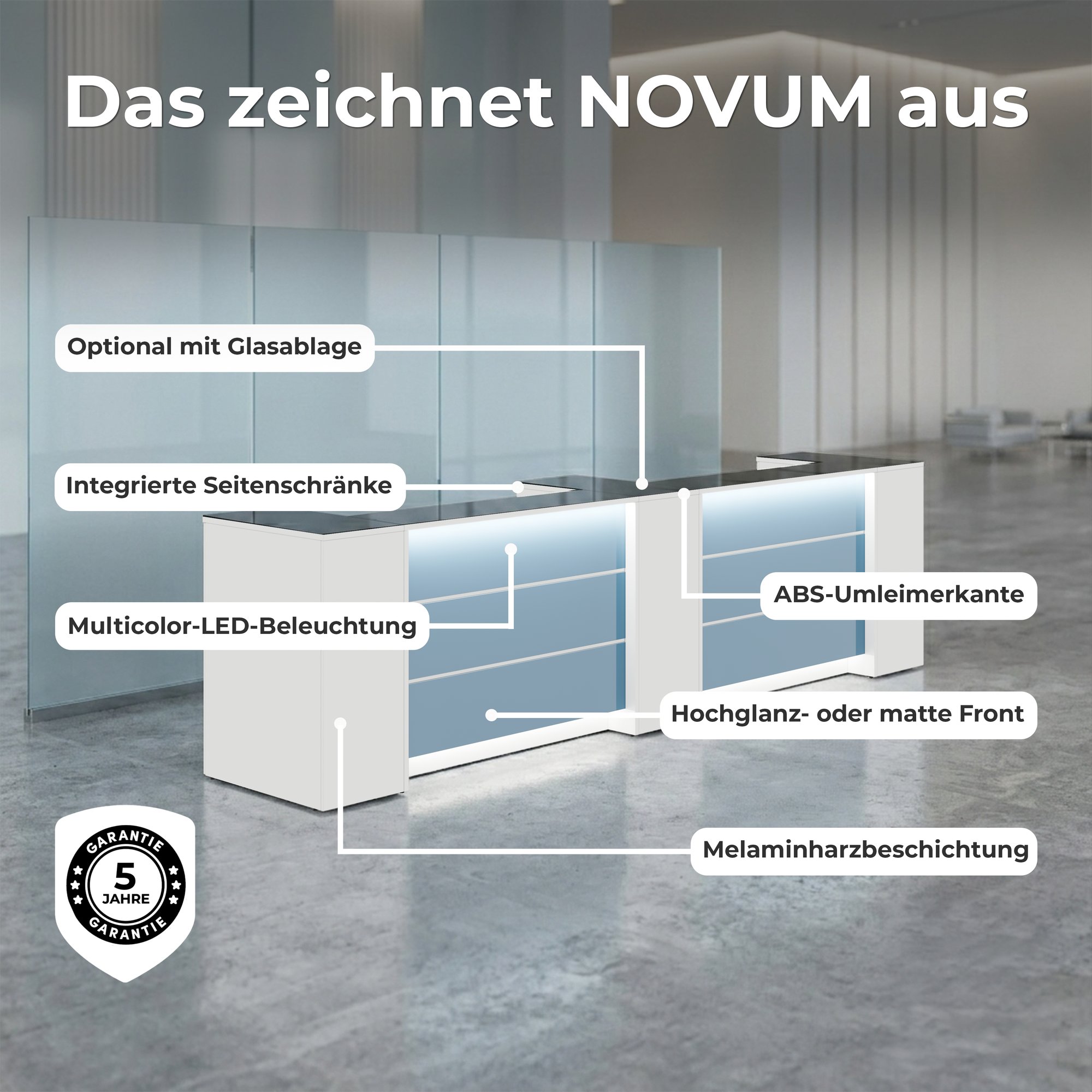 NOVUM Empfangstheke | 3200 - 4000 mm, Multicolor-LED-Beleuchtung, Anthrazit - 10 Main Image
