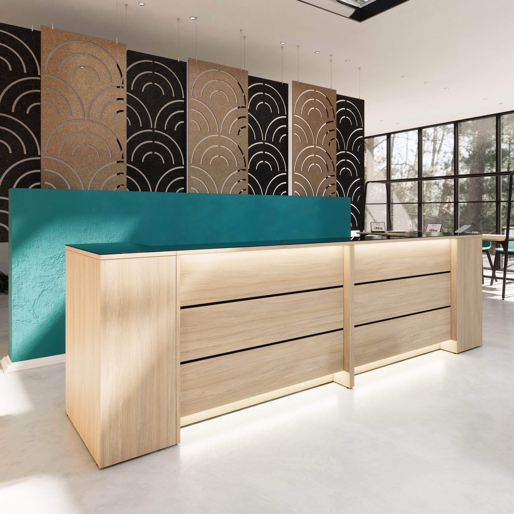Novum reception counter | 3200-4000 mm, multicolor LED lighting, amber oak - 11 Main Image