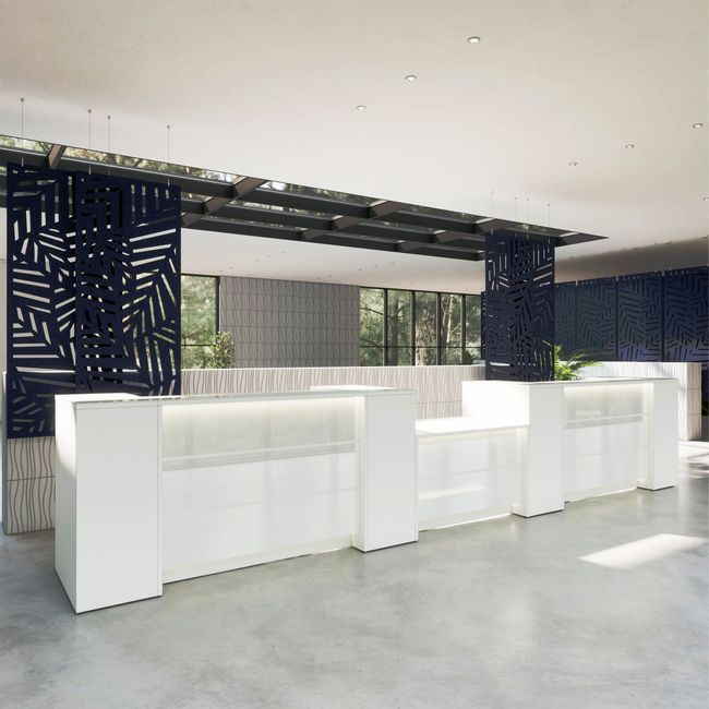 NOVUM Empfangstheke | 5200 - 6000 mm, Multicolor-LED-Beleuchtung, Weiß