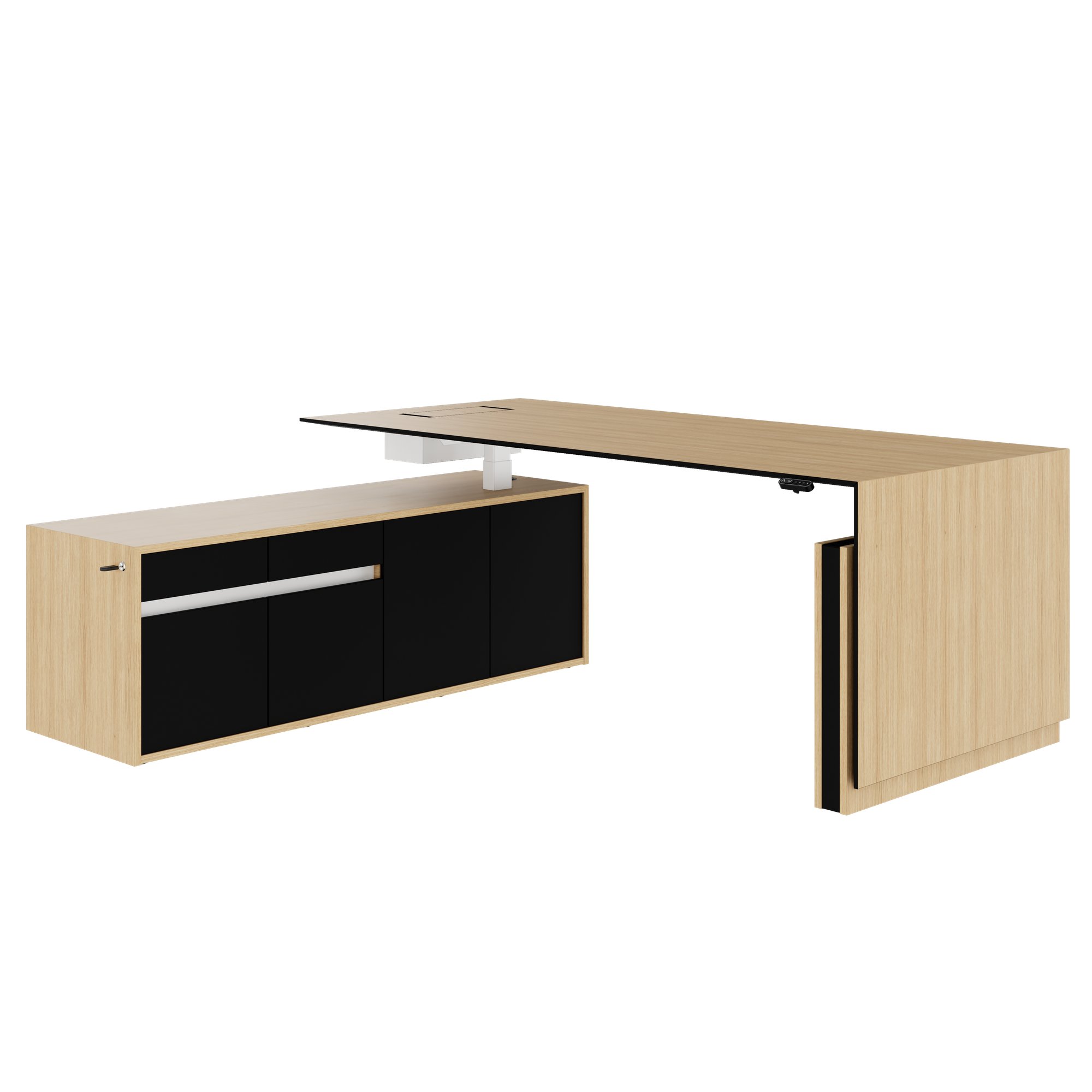 MOTION 2 motor desk with sideboard | Electrically height adjustable, 2000 x 1800 mm, oak veneer - 1 Main Image