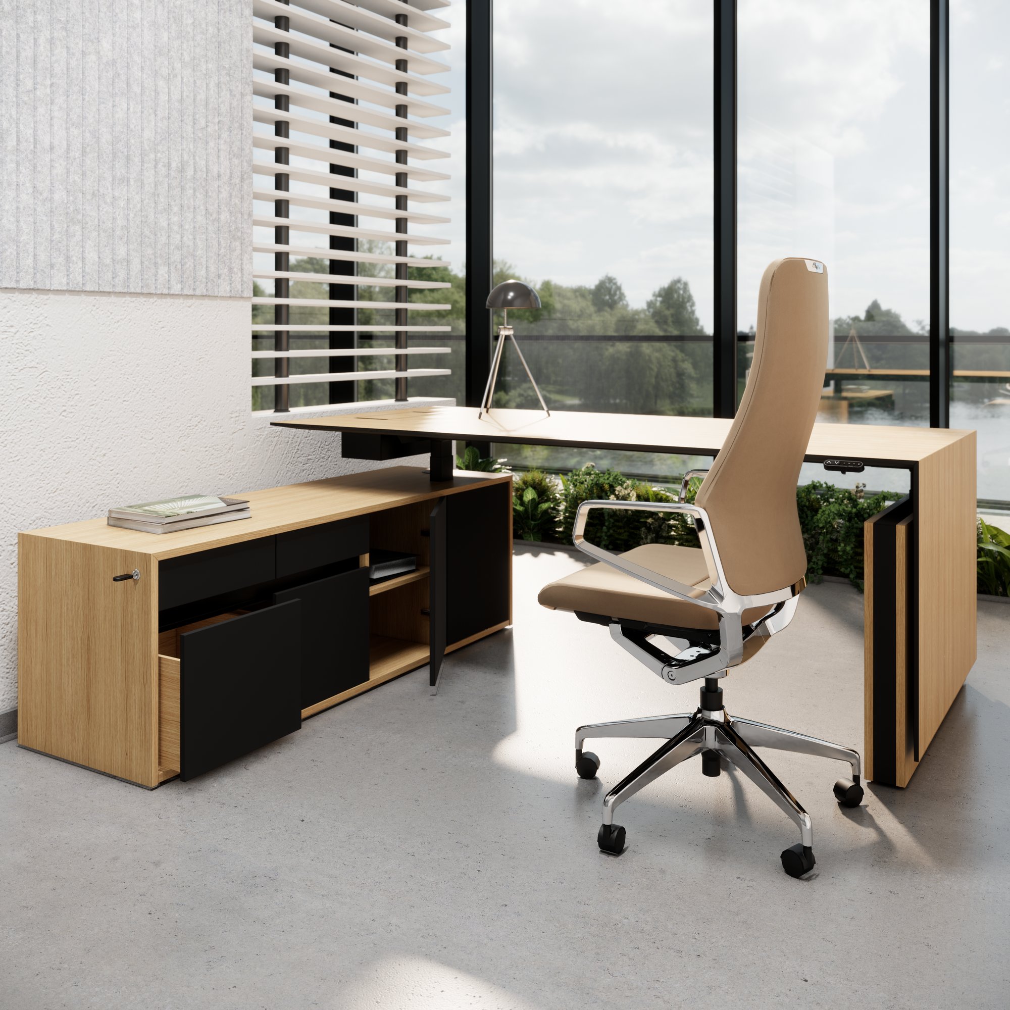 MOTION 2 motor desk with sideboard | Electrically height adjustable, 2000 x 1800 mm, oak veneer - 15 Main Image