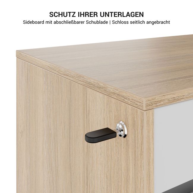 MOTION 2-Motoren-Schreibtisch mit Sideboard | Elektrisch höhenverstellbar, 2000 x 1800 mm, Eiche Furnier