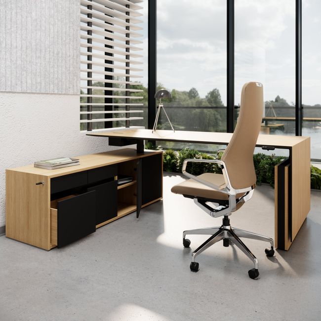 MOTION 2-Motoren-Schreibtisch mit Sideboard | Elektrisch höhenverstellbar, 2000 x 1800 mm, Eiche Furnier