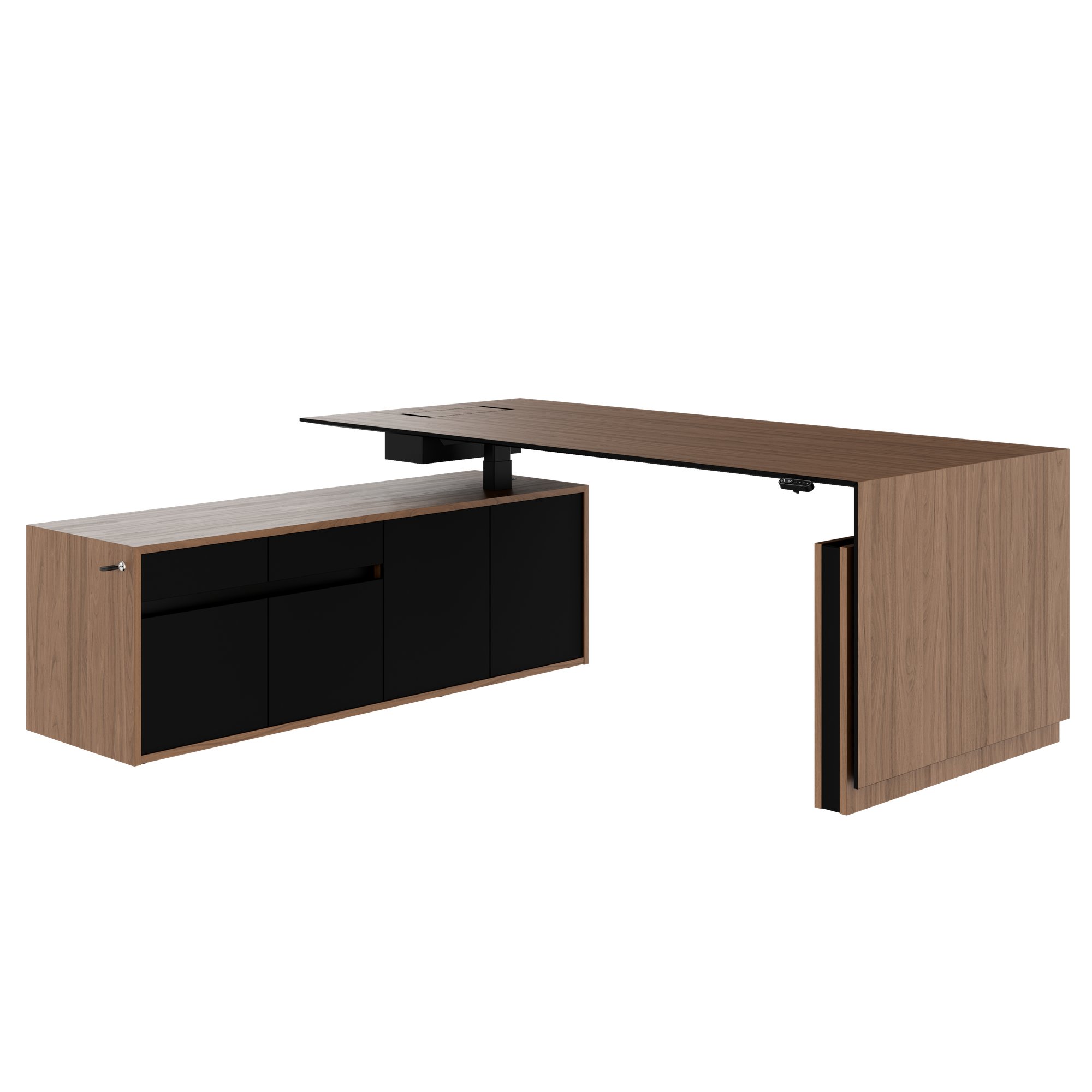 MOTION Desk a 2 motori con sideboard | Regolabile elettricamente in altezza, 2000 x 1800 mm, impiallacciatura in noce - 1 Main Image