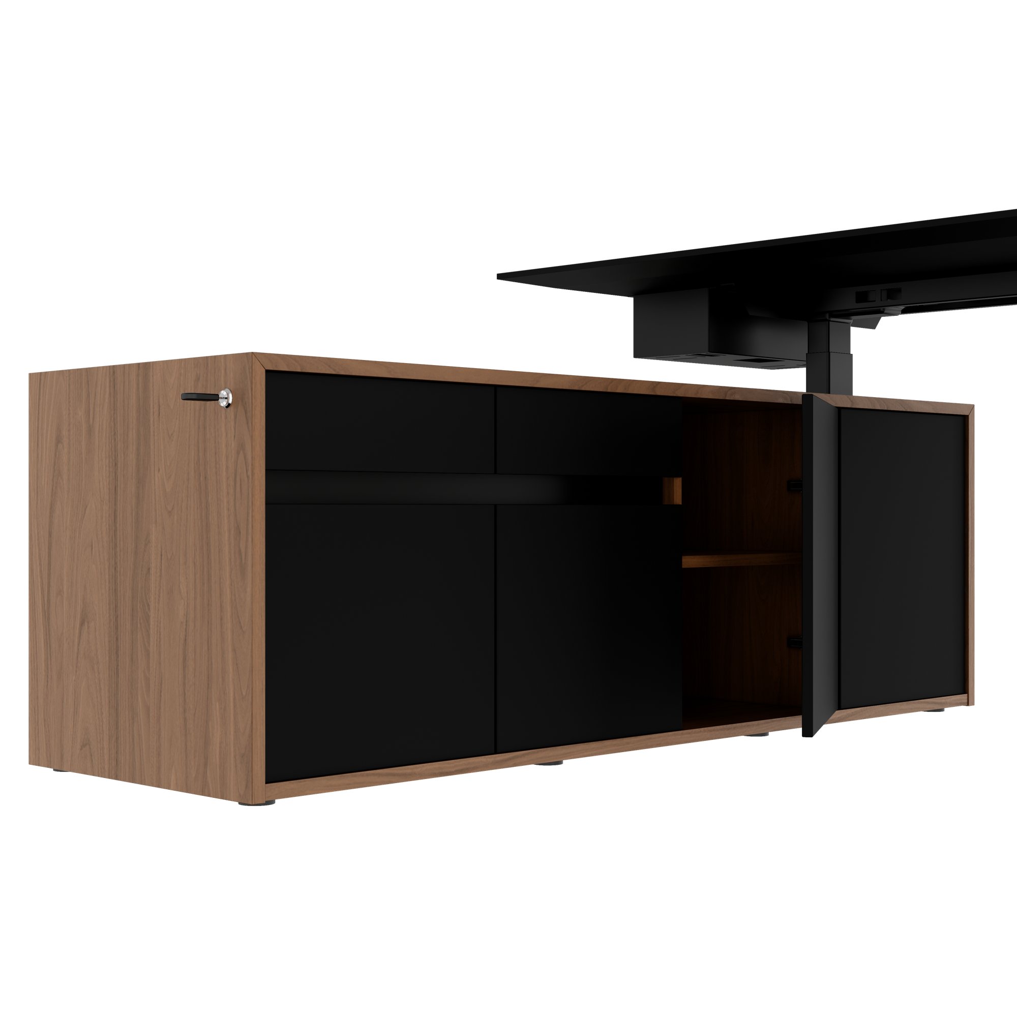 MOTION Desk a 2 motori con sideboard | Regolabile elettricamente in altezza, 2000 x 1800 mm, impiallacciatura in noce - 7 Main Image