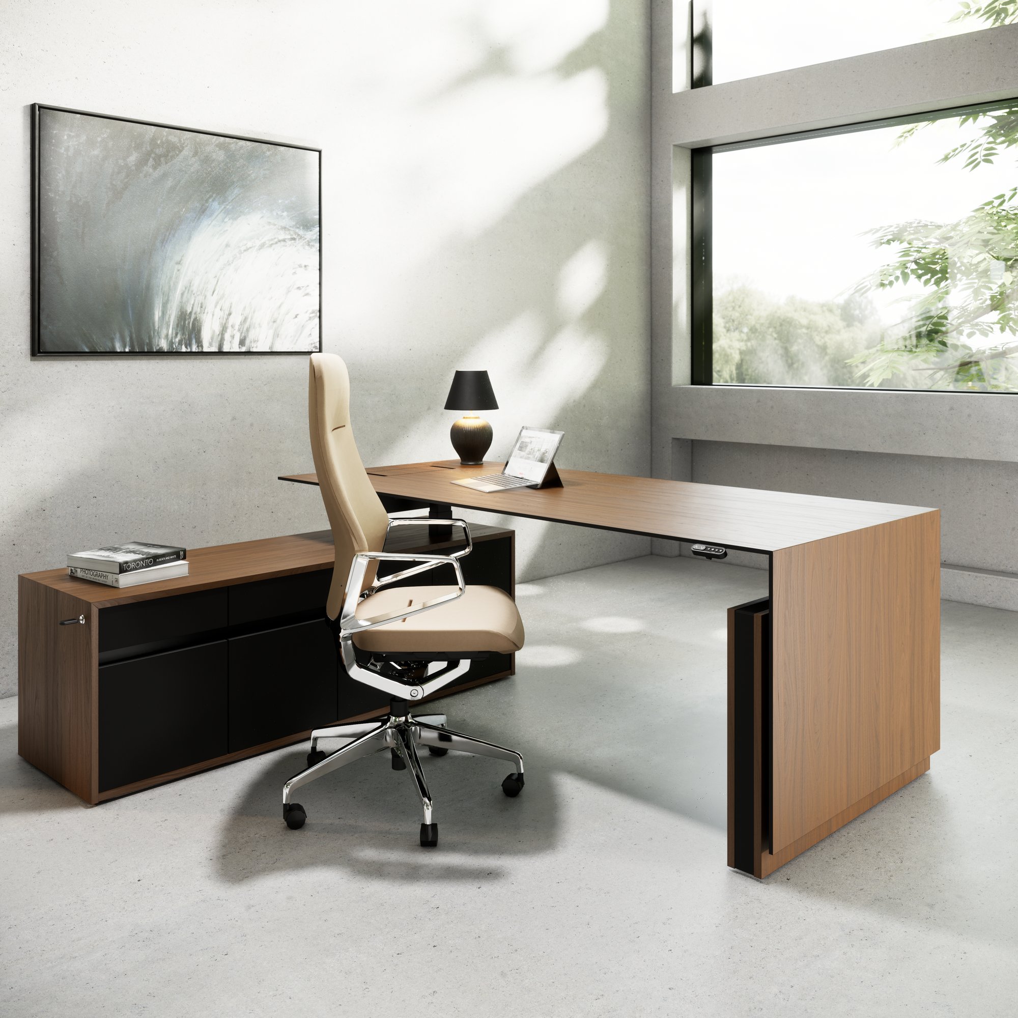 MOTION Desk a 2 motori con sideboard | Regolabile elettricamente in altezza, 2000 x 1800 mm, impiallacciatura in noce - 15 Main Image