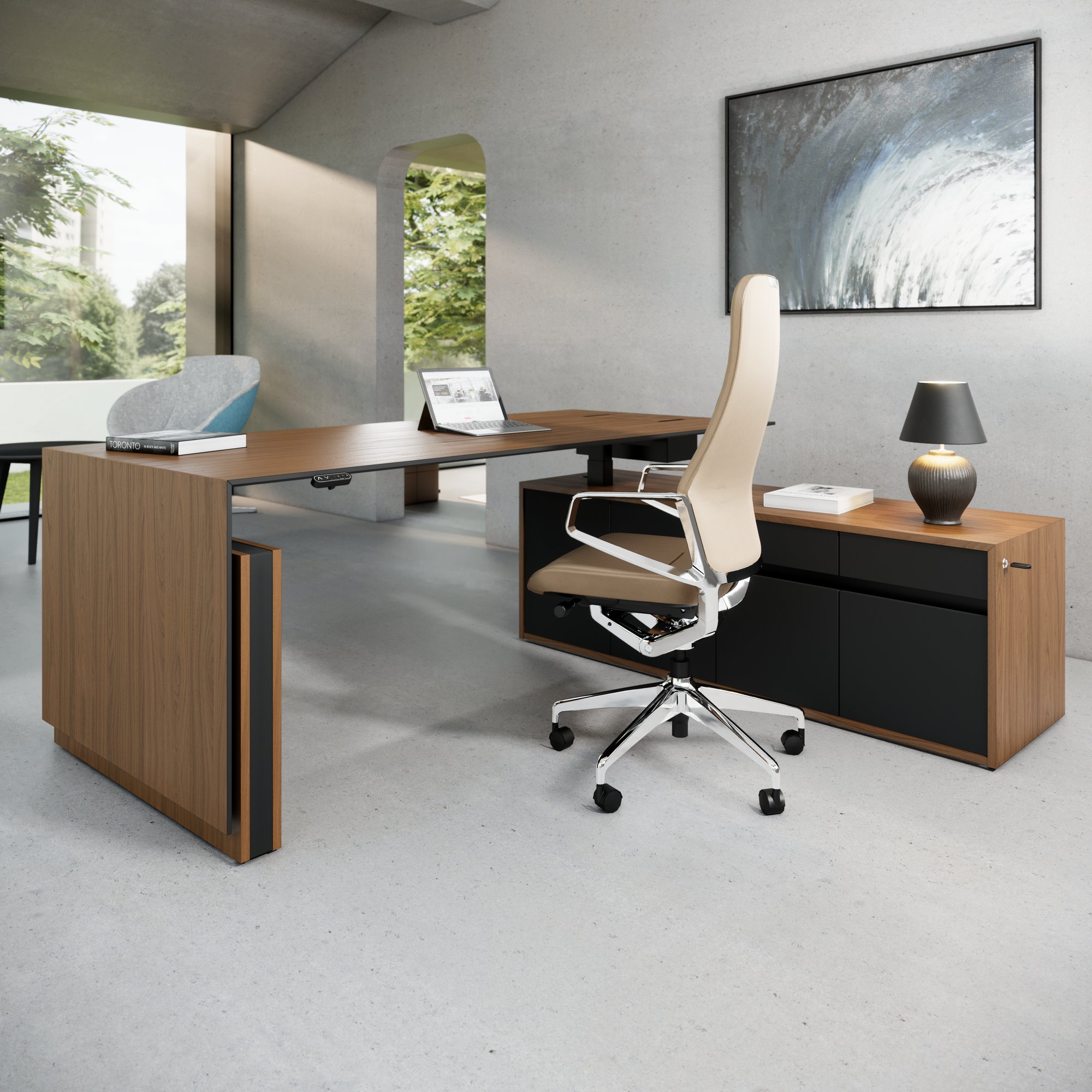 MOTION Desk a 2 motori con sideboard | Regolabile elettricamente in altezza, 2000 x 1800 mm, impiallacciatura in noce - 16 Main Image