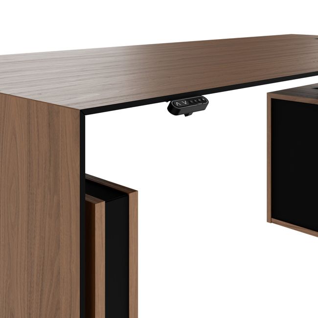 MOTION 2-Motoren-Schreibtisch mit Sideboard | Elektrisch höhenverstellbar, 2000 x 1800 mm, Nussbaum Furnier