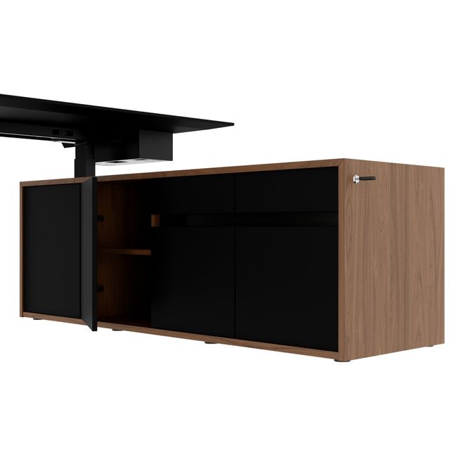 MOTION 2-Motoren-Schreibtisch mit Sideboard | Elektrisch höhenverstellbar, 2000 x 1800 mm, Nussbaum Furnier