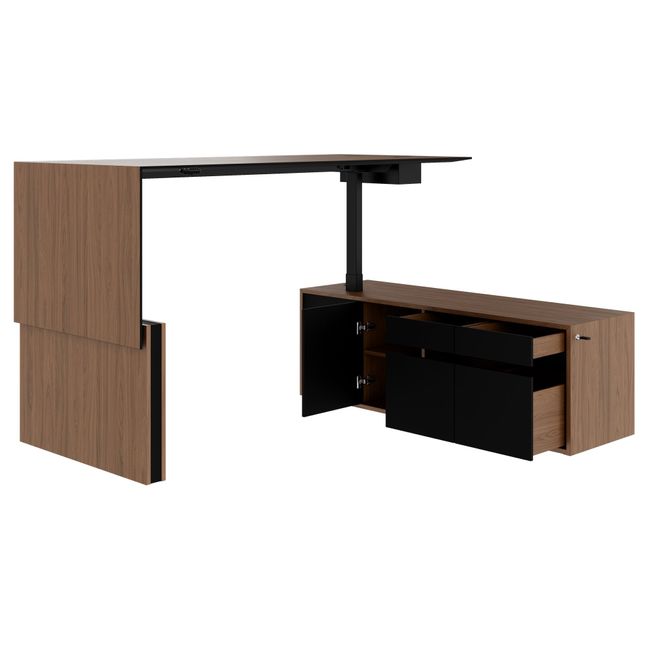 MOTION 2-Motoren-Schreibtisch mit Sideboard | Elektrisch höhenverstellbar, 2000 x 1800 mm, Nussbaum Furnier