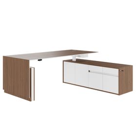 MOTION 2-Motoren-Schreibtisch mit Sideboard | Elektrisch höhenverstellbar, 2000 x 1800 mm, Nussbaum Furnier