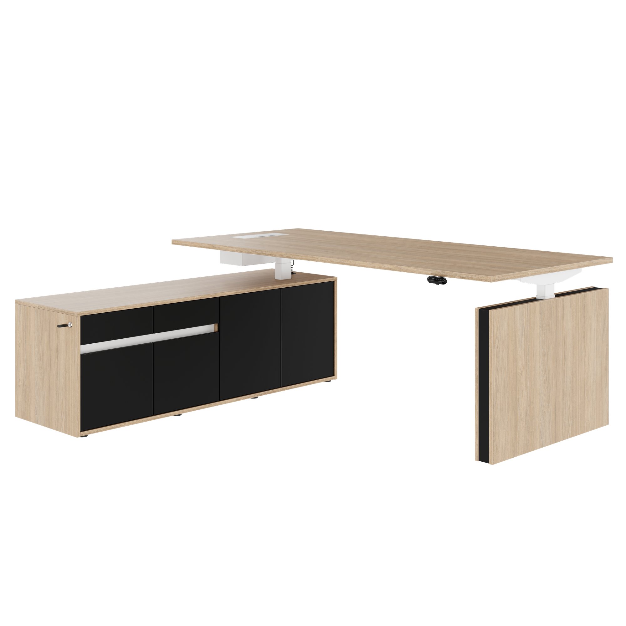 MOTION 2 motor desk with sideboard | Electrically height adjustable, 2000 x 1800 mm, amber oak - 1 Main Image